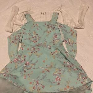 Teal floral ruffled bottom dress with white cardigans